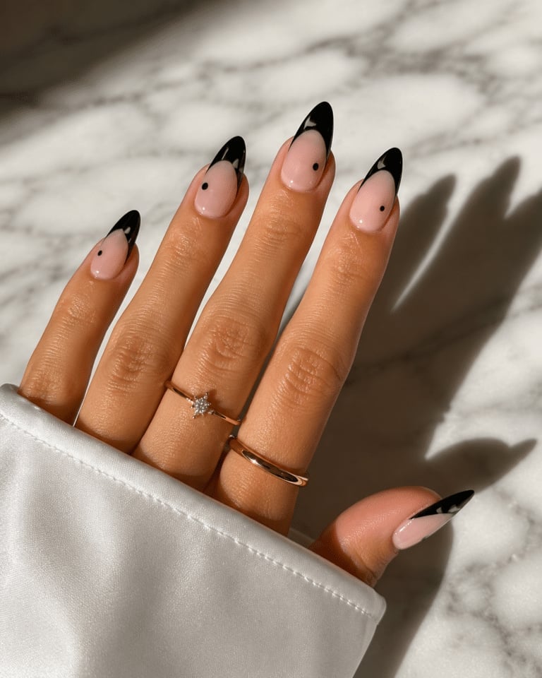 Long Almond Sheer Nude Black French Dots Long Almond Sheer Nude Black French Dots — Nails 2027 for Fat Fingers