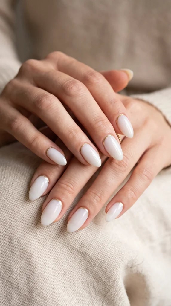 Medium Almond Milky White Gold Cuticle Line Medium Almond Milky White Gold Cuticle Line — Nails 2027 for Fat Fingers