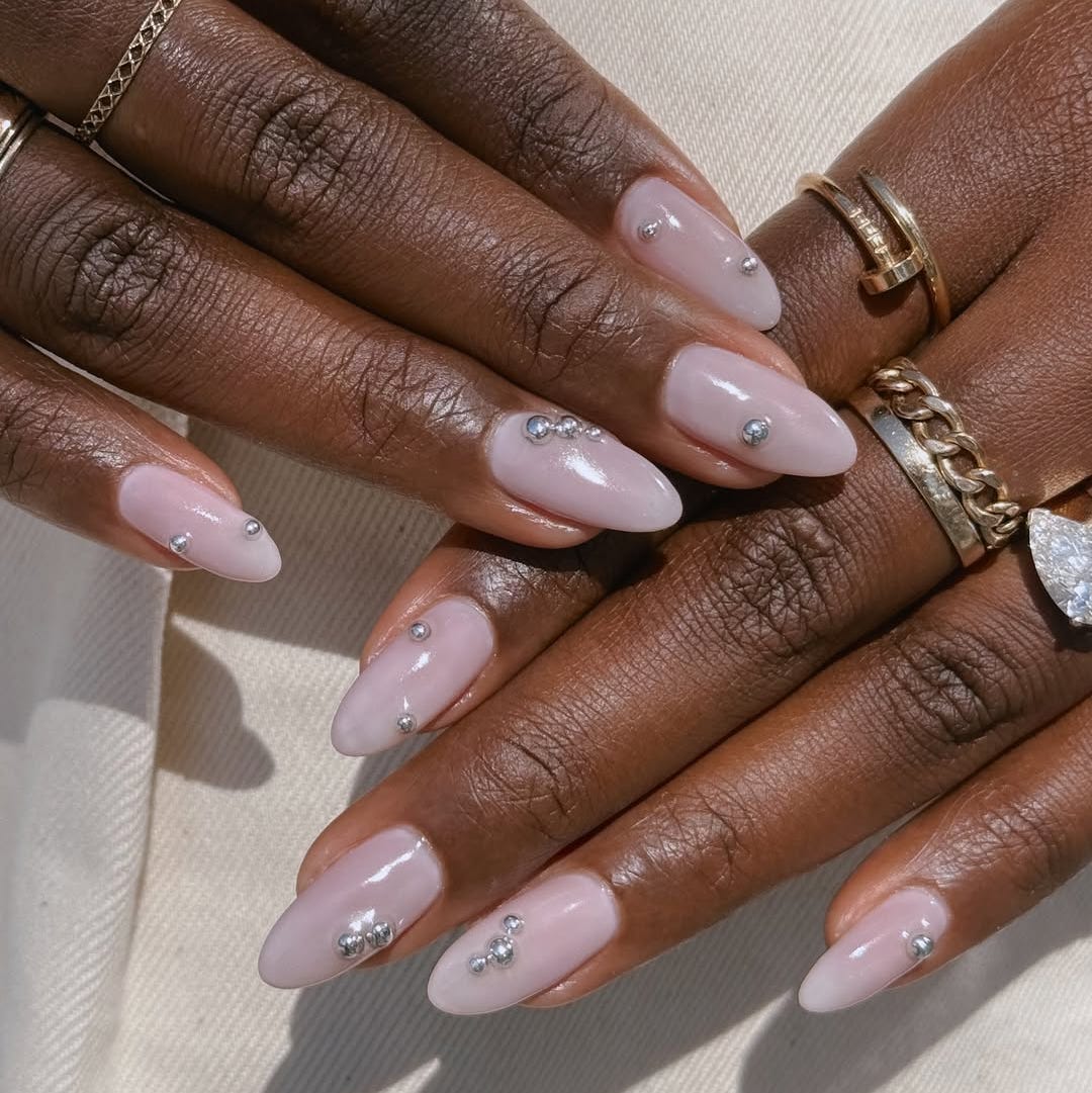 Medium Almond Milky Pink Silver Studs Medium Almond Milky Pink Silver Studs — Nails 2027 for Fat Fingers