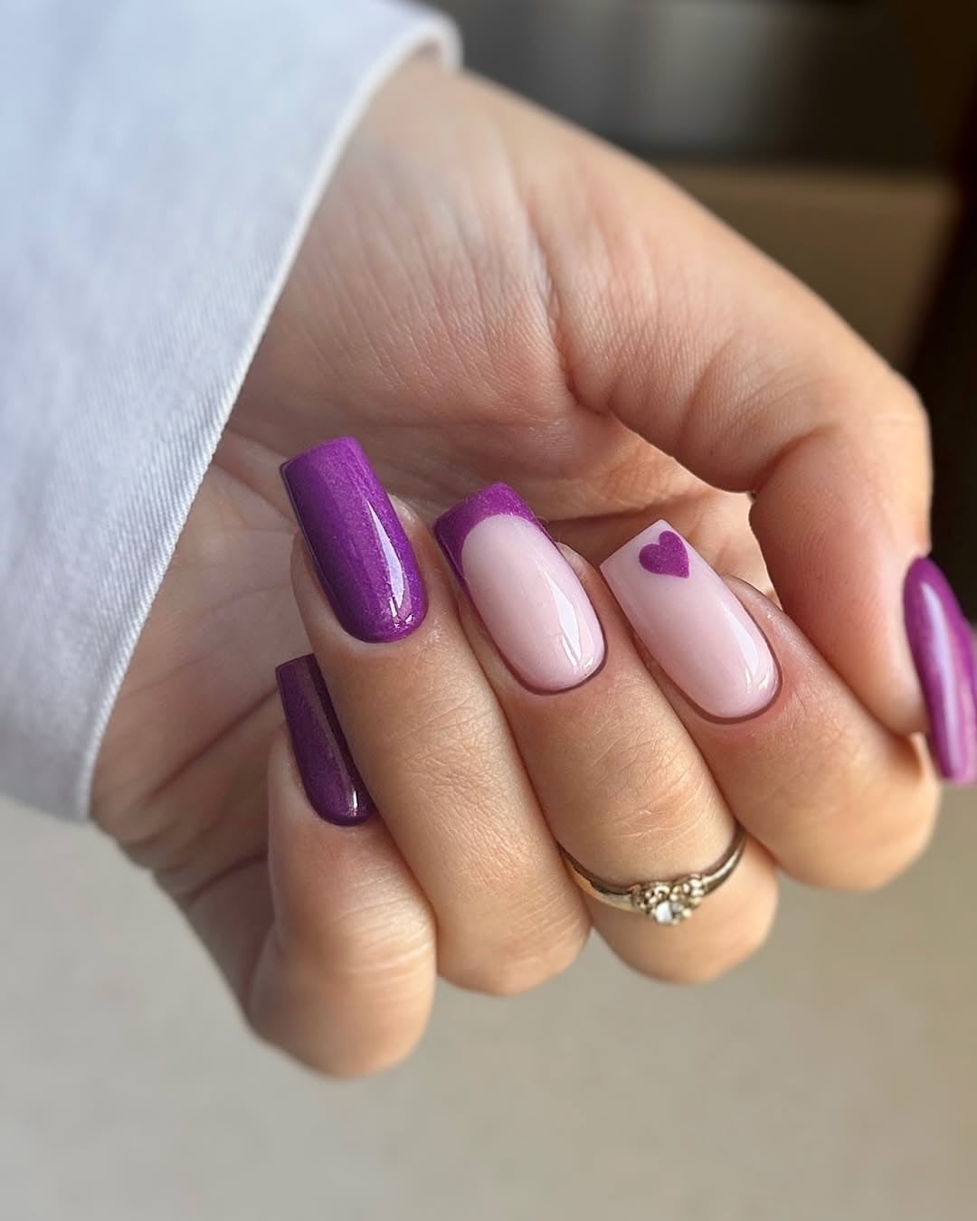 Short Square Purple French Heart Accent Short Square Purple French Heart Accent — Nails 2027 for Fat Fingers