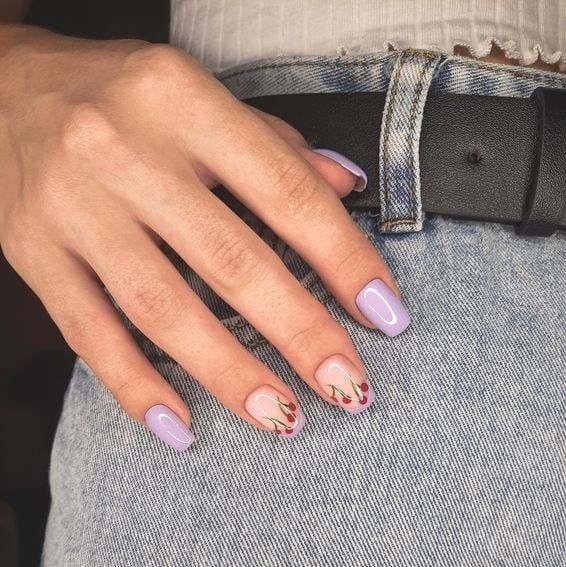 Short Square Lavender Cherry Accent Nails Short Square Lavender Cherry Accent Nails — Nails 2027 for Fat Fingers