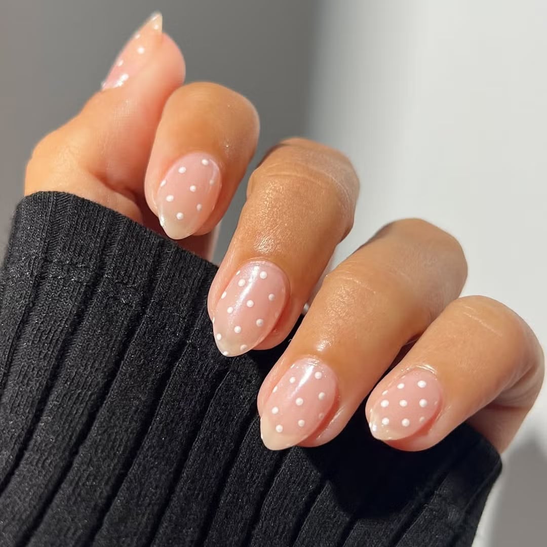 Short Almond Sheer Pink White Polka Dots Short Almond Sheer Pink White Polka Dots — Nails 2027 for Fat Fingers