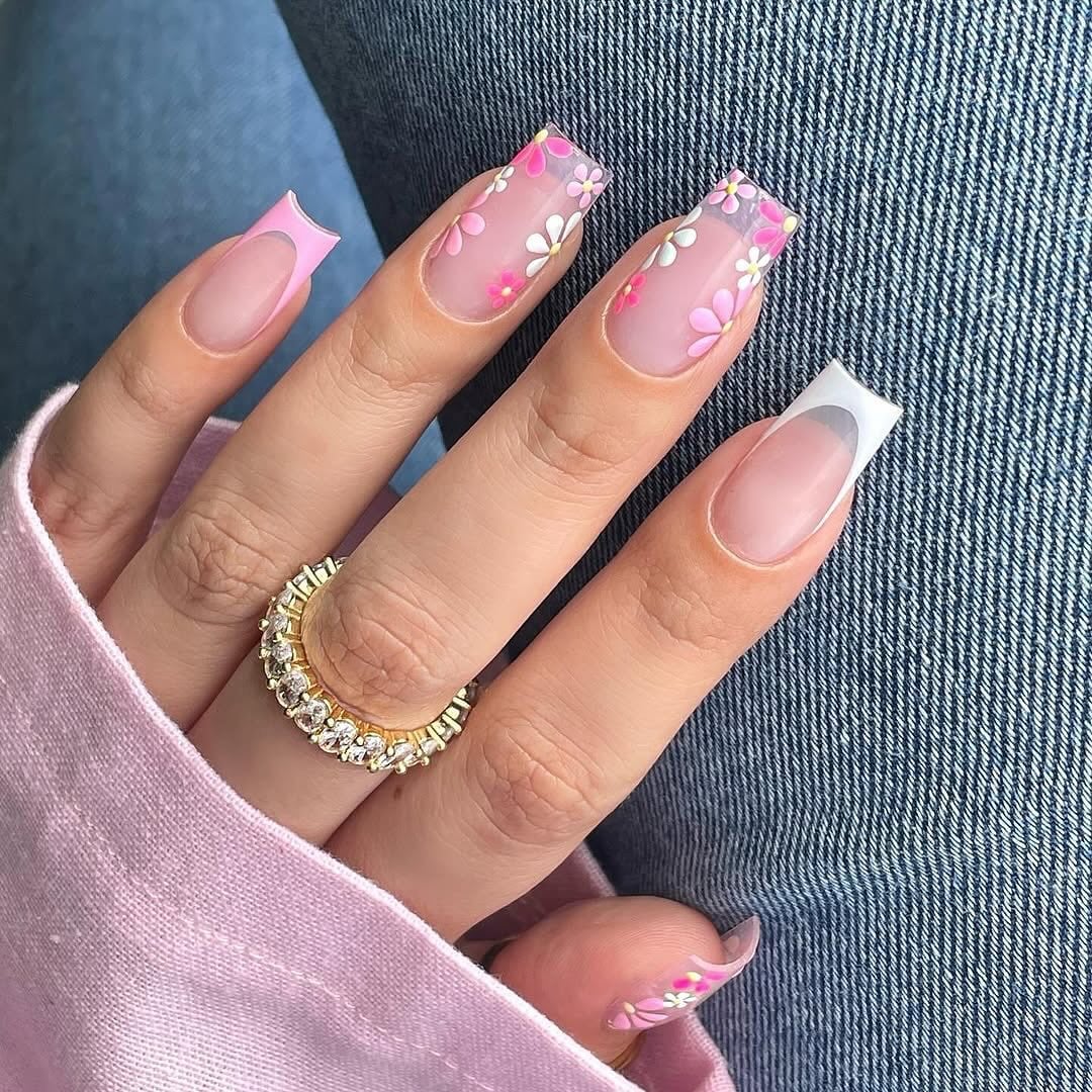 Long Square Sheer Pink Floral French Tips Long Square Sheer Pink Floral French Tips — Nails 2027 for Fat Fingers