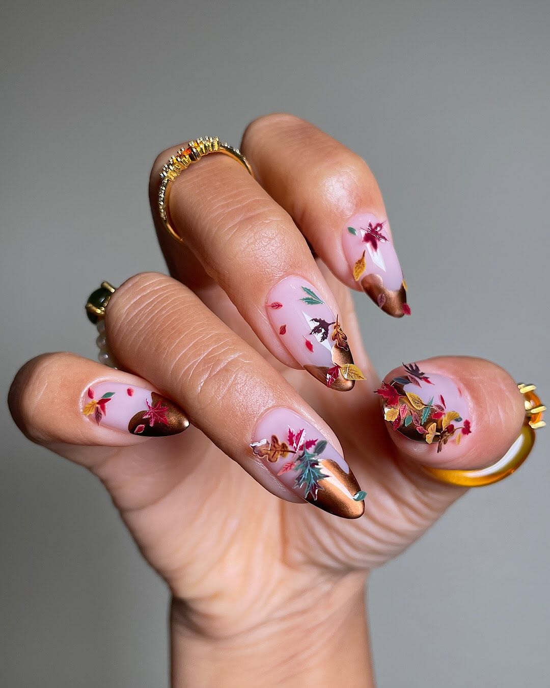 Long Stiletto Sheer Pink Fall Leaf Metallic Bronze Long Stiletto Sheer Pink Fall Leaf Metallic Bronze — Nails 2027 for Fat Fingers