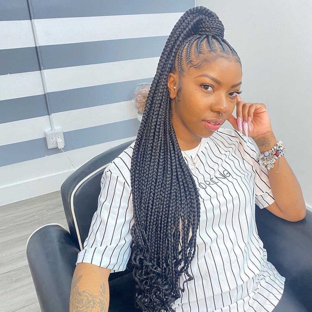 High Braided Ponytail With Loose Wavy Ends High Braided Ponytail With Loose Wavy Ends — Natural Braided Hairstyles 2027