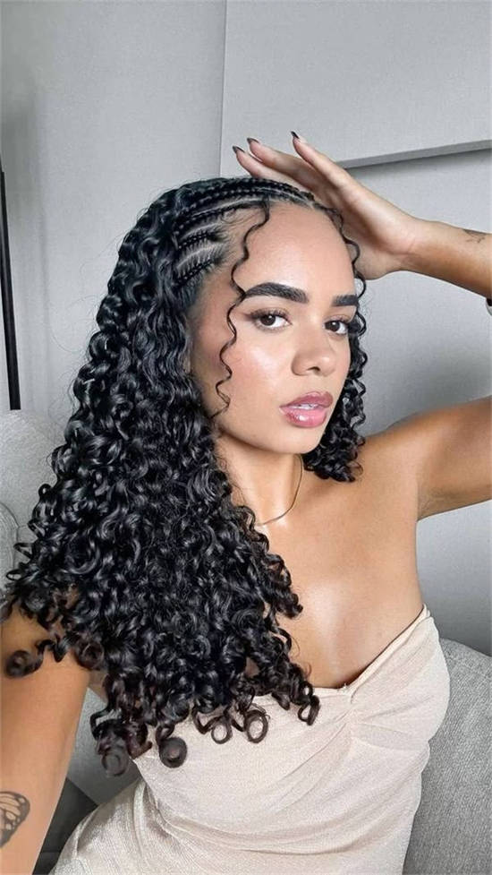 Mid-Back Braids And Curls With Side Swept Bangs Mid-Back Braids And Curls With Side Swept Bangs — Natural Hairstyles 2027 for Black Women