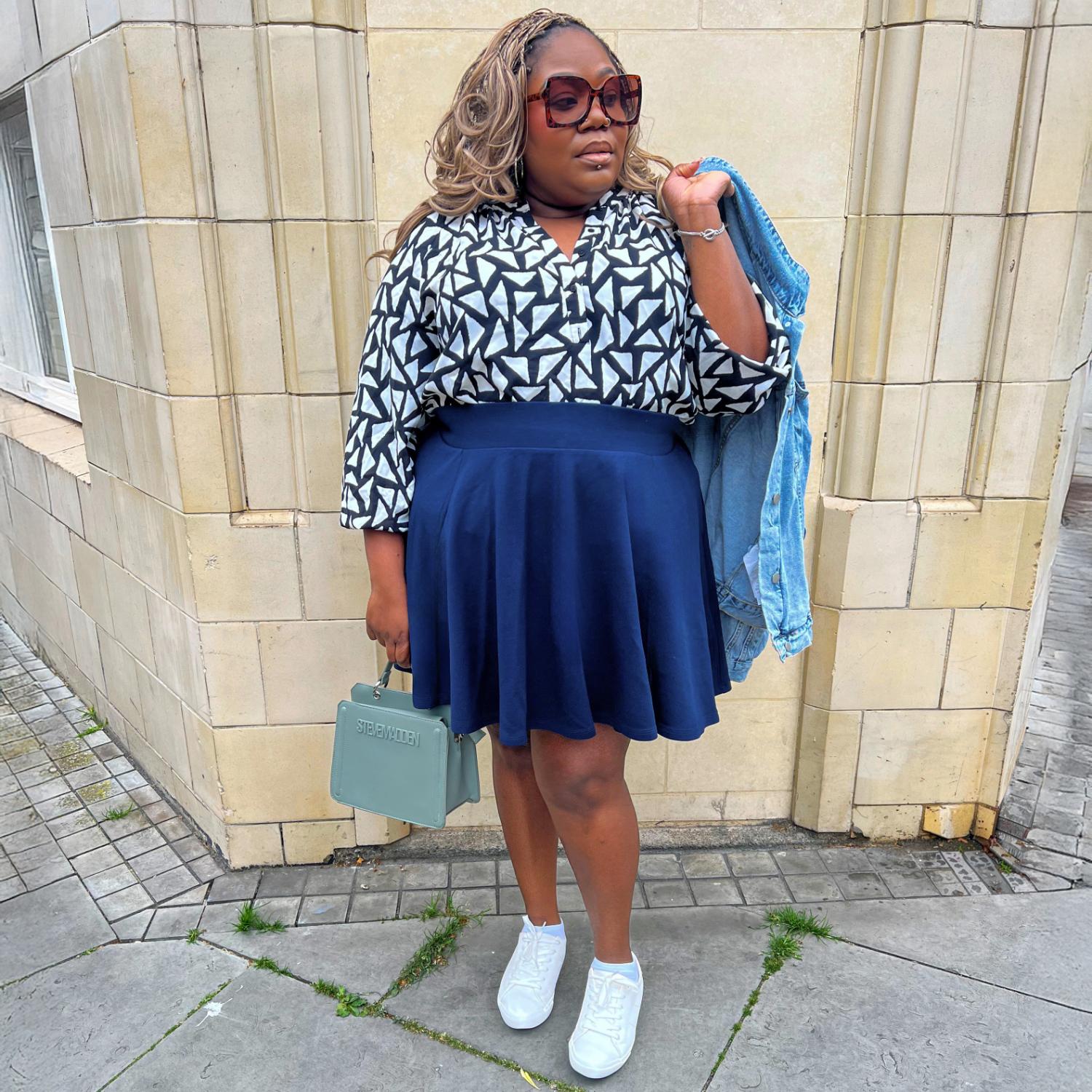 Navy Skater Mini Skirt With Denim Jacket Navy Skater Mini Skirt With Denim Jacket — Navy Blue Mini Skirt Outfits 2027