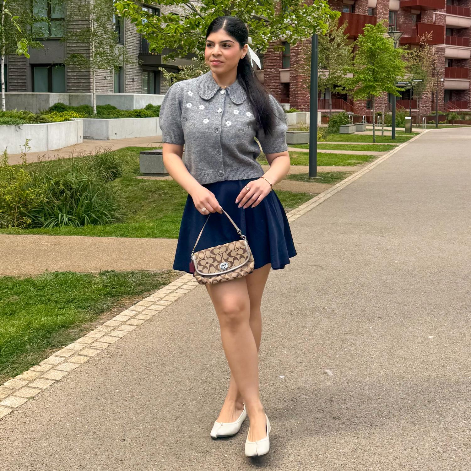 Navy Polka Dot Mini Skirt With Sweater Navy Polka Dot Mini Skirt With Sweater — Navy Blue Mini Skirt Outfits 2027