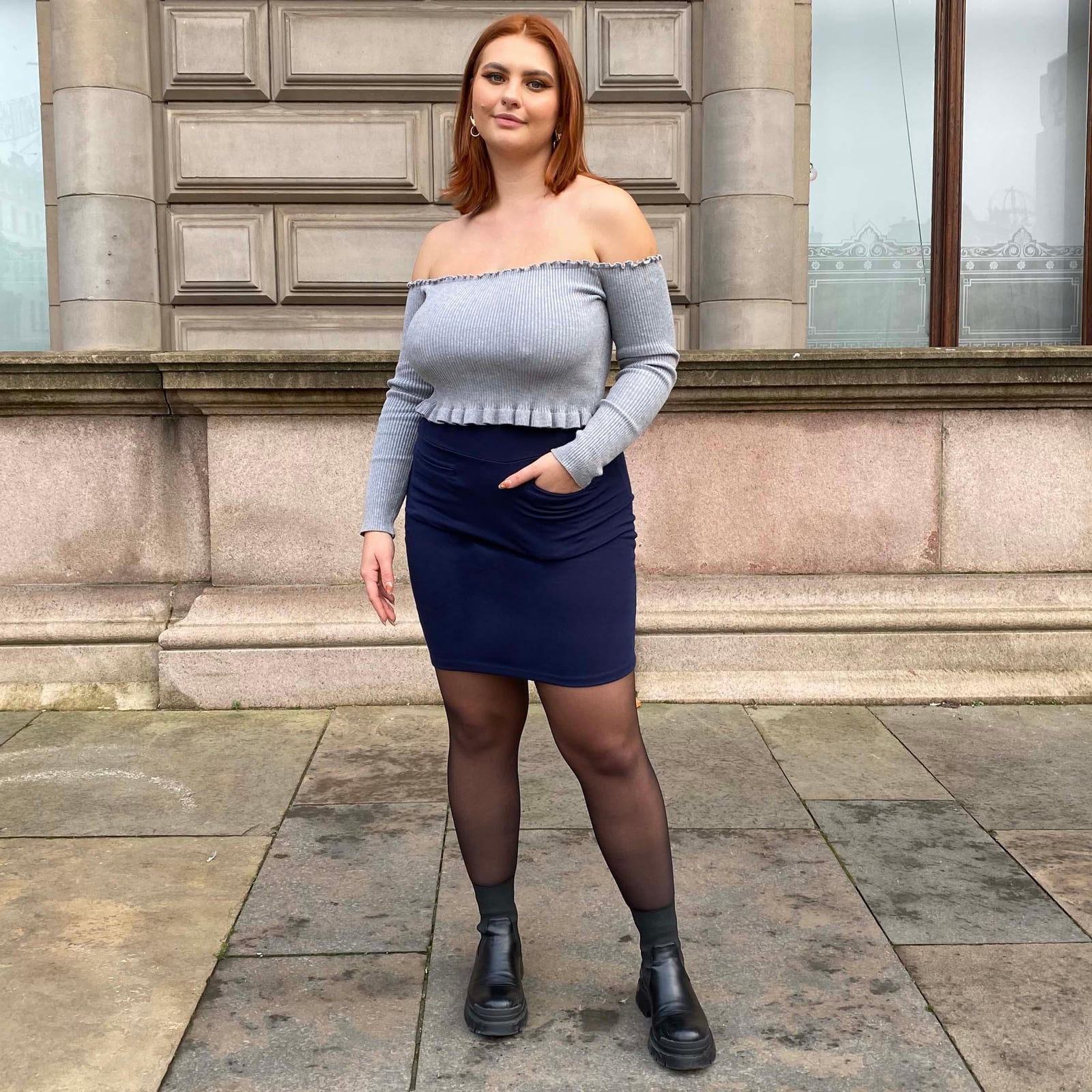 Navy Fitted Mini Skirt With Off-Shoulder Top Navy Fitted Mini Skirt With Off-Shoulder Top — Navy Blue Mini Skirt Outfits 2027