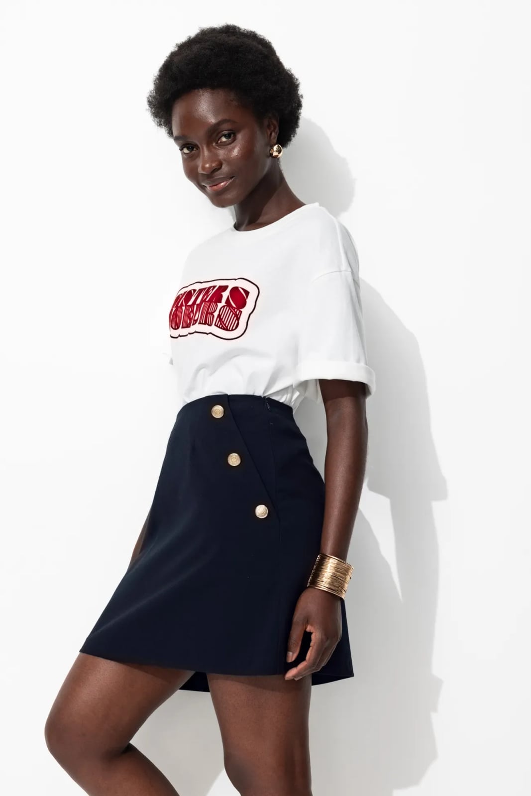 Navy Mini Skirt With Gold Button Detail Navy Mini Skirt With Gold Button Detail — Navy Blue Mini Skirt Outfits 2027