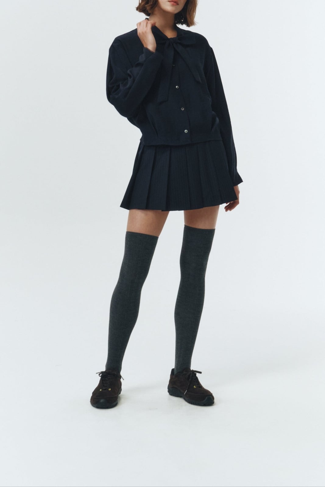 Navy Pinstripe Pleated Mini Skirt With Oversized Shirt Navy Pinstripe Pleated Mini Skirt With Oversized Shirt — Navy Blue Mini Skirt Outfits 2027