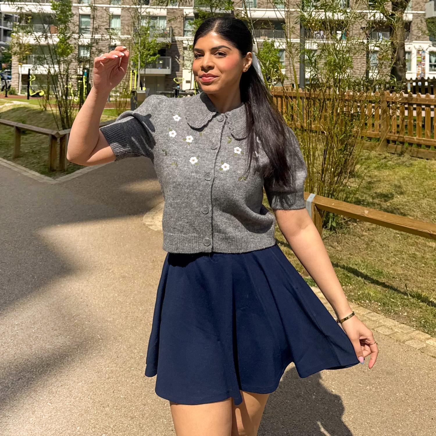 Navy Flared Mini Skirt With Embroidered Cardigan Navy Flared Mini Skirt With Embroidered Cardigan — Navy Blue Mini Skirt Outfits 2027