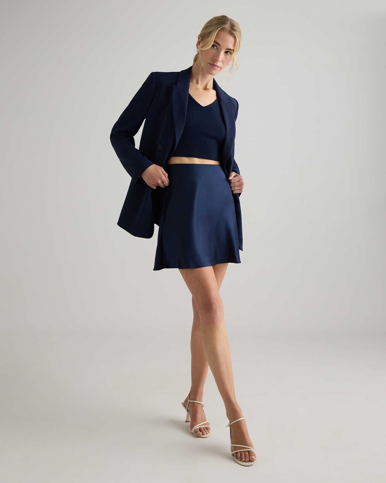 Navy Blue Satin Slip Mini Skirt For Evening Navy Blue Satin Slip Mini Skirt For Evening — Navy Blue Mini Skirt Outfits 2027