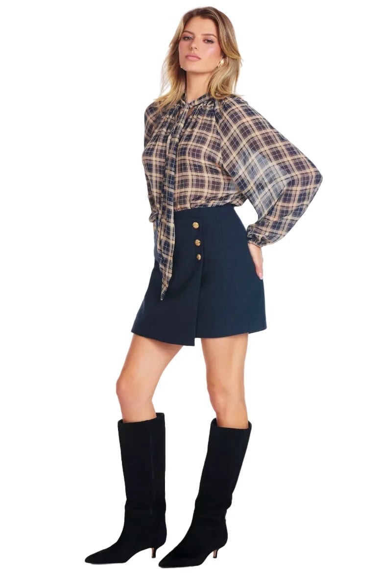 Navy A-Line Mini Skirt With Plaid Blouse Navy A-Line Mini Skirt With Plaid Blouse — Navy Blue Mini Skirt Outfits 2027