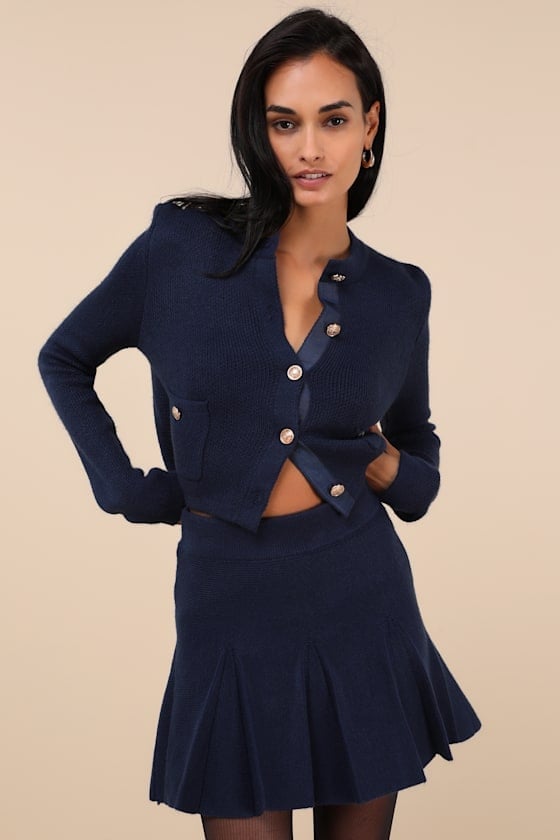 Navy Pleated Knit Mini Skirt With Cardigan Navy Pleated Knit Mini Skirt With Cardigan — Navy Blue Mini Skirt Outfits 2027