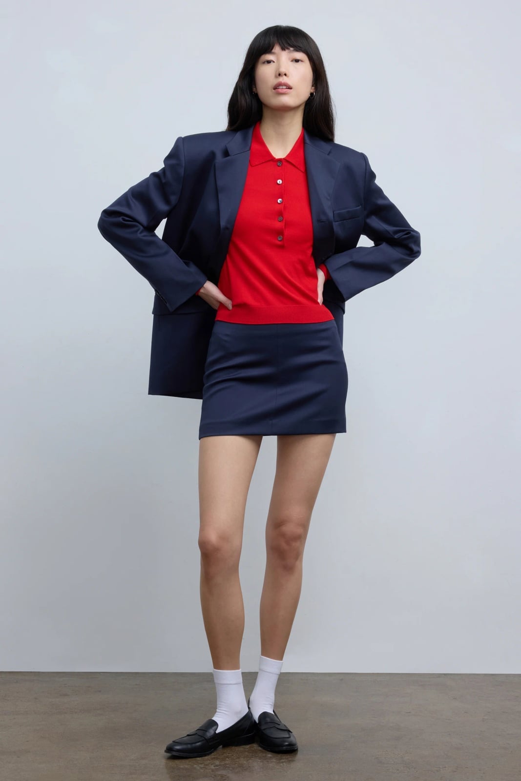 Navy Mini Skirt With Red Polo And Blazer Navy Mini Skirt With Red Polo And Blazer — Navy Blue Mini Skirt Outfits 2027