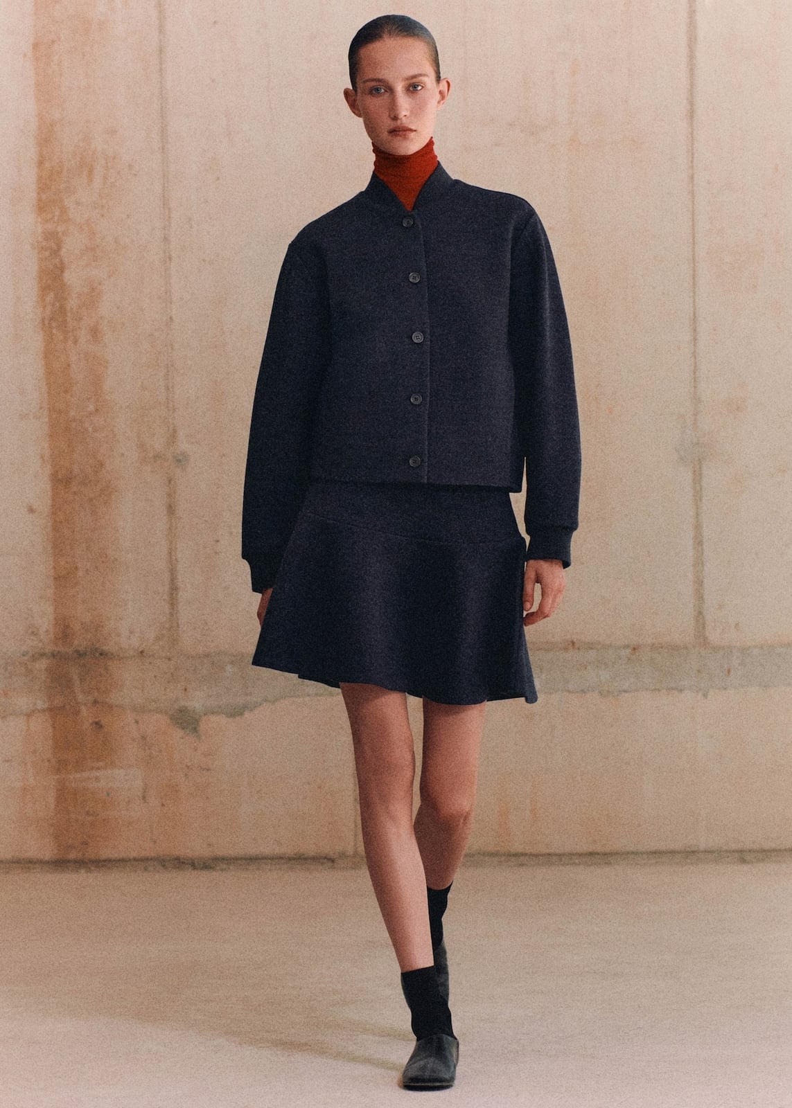 Navy A-Line Mini Skirt With Orange Turtleneck Navy A-Line Mini Skirt With Orange Turtleneck — Navy Blue Mini Skirt Outfits 2027