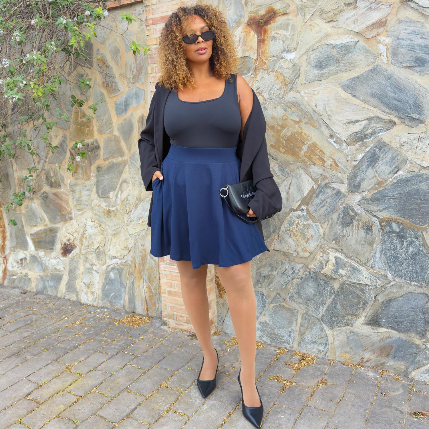 Navy Flared Mini Skirt With Black Blazer Navy Flared Mini Skirt With Black Blazer — Navy Blue Mini Skirt Outfits 2027