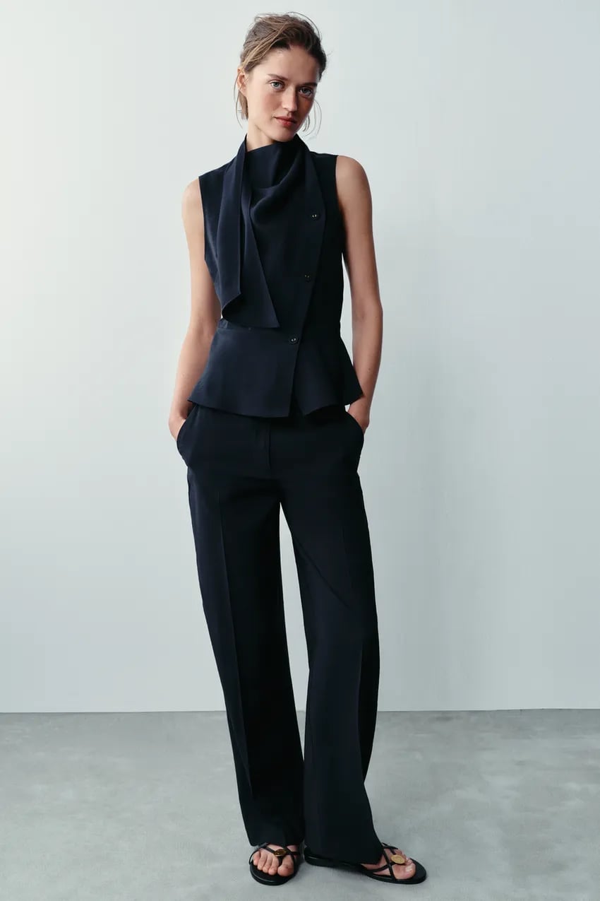 Zara - High-Waisted Straight-Leg Pants - Navy Blue - Xs - Woman