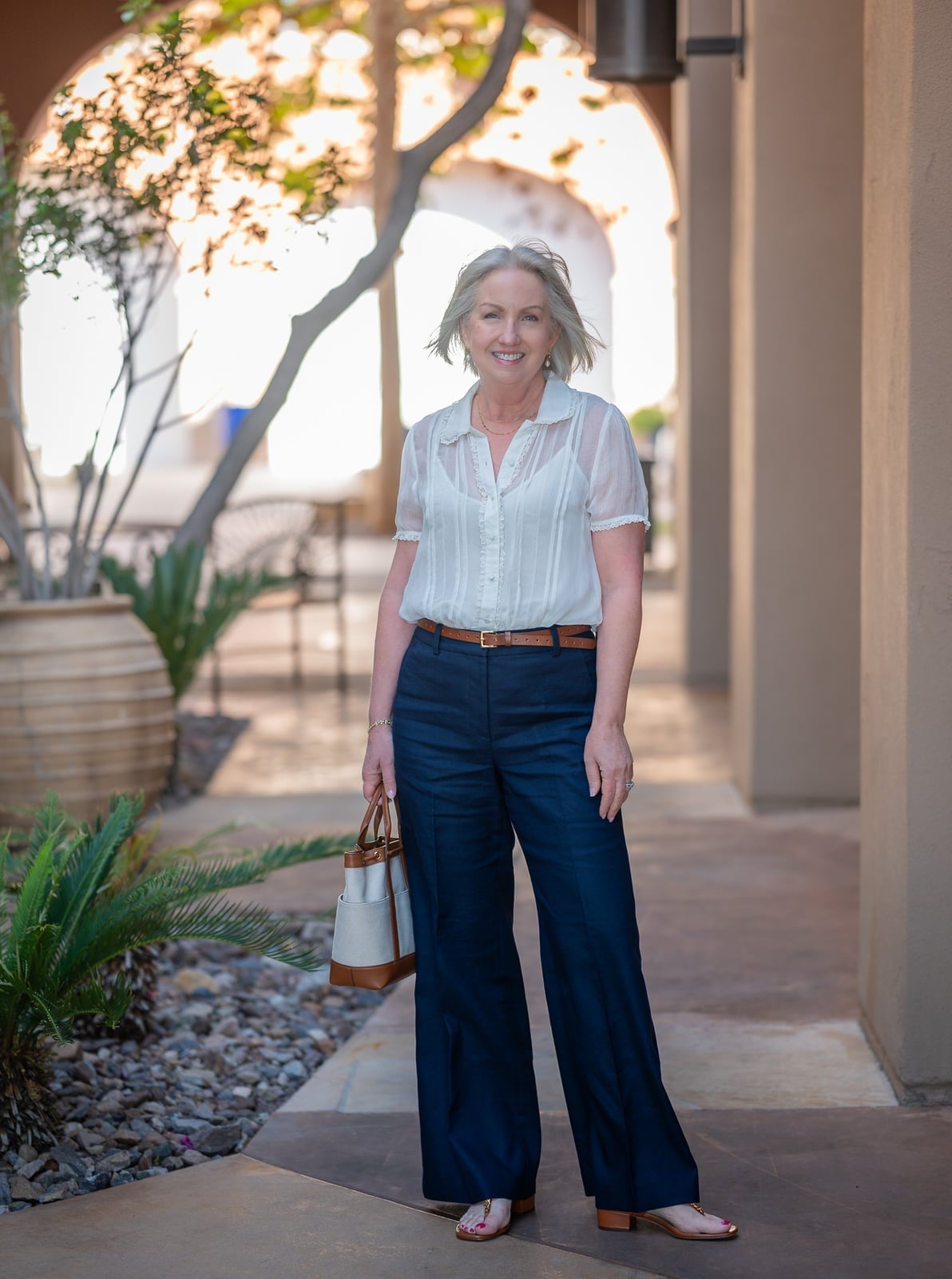 Navy Straight Leg Trousers With Sheer Sleeve Blouse — Navy Blue Straight Leg Pants Outfits 2027