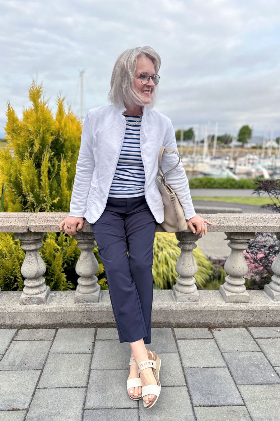 Navy Straight Leg Pants With White Linen Jacket — Navy Blue Straight Leg Pants Outfits 2027