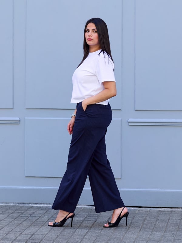 Navy Pinstripe Wide Leg Pants — Navy Blue Straight Leg Pants Outfits 2027