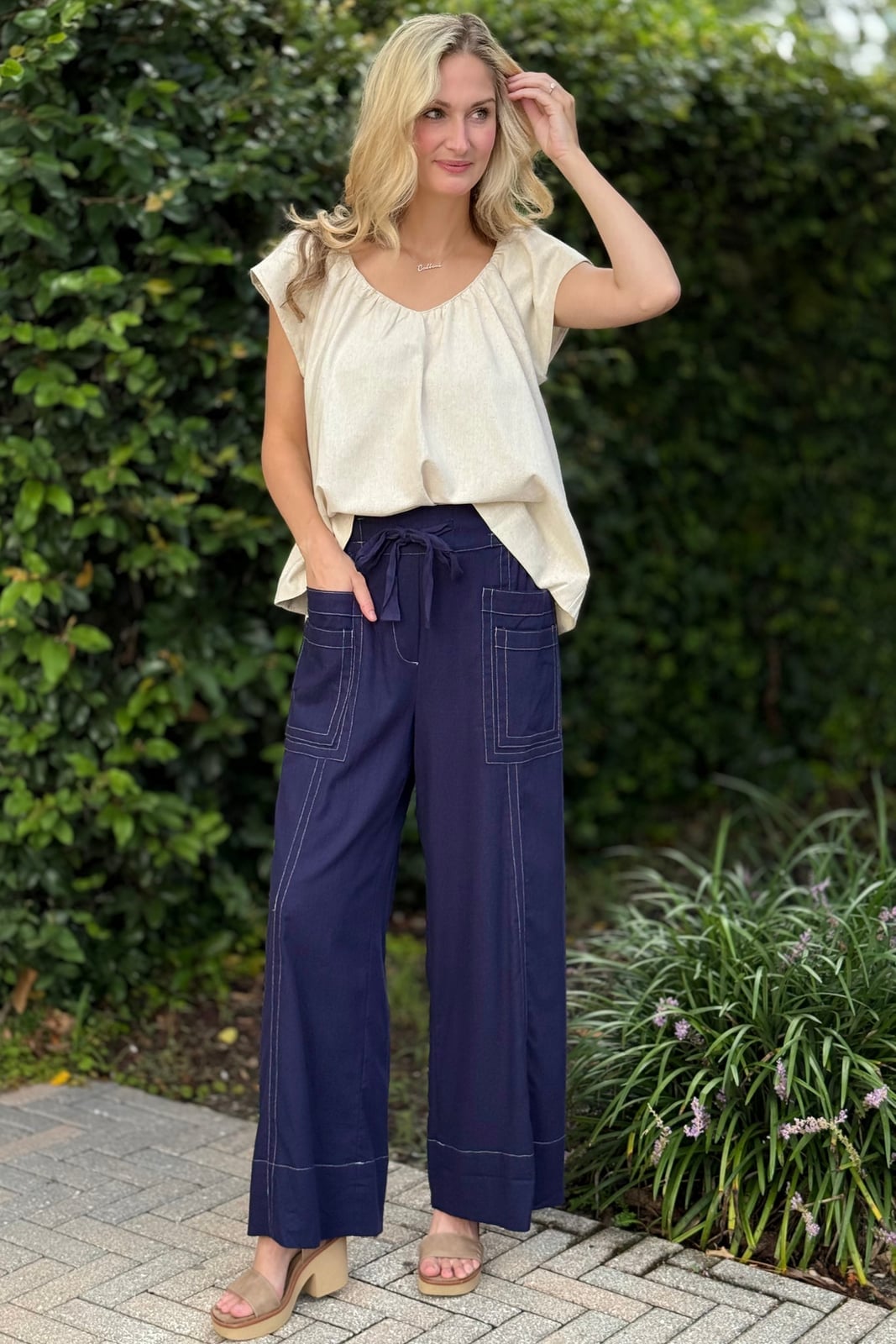 Navy Straight Leg Pants With Contrast Stitching — Navy Blue Straight Leg Pants Outfits 2027