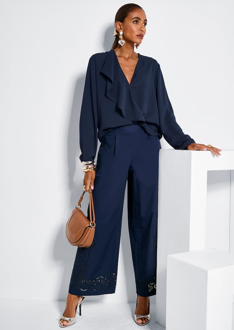 Navy Pants With Broderie Anglaise Hem — Navy Blue Straight Leg Pants Outfits 2027