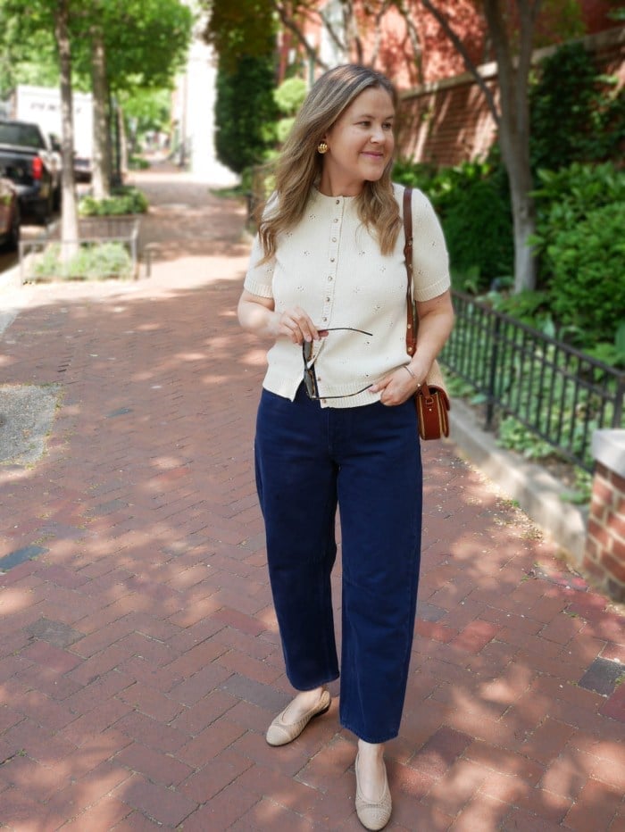 Navy Straight Leg Pants With Cream Cardigan — Navy Blue Straight Leg Pants Outfits 2027