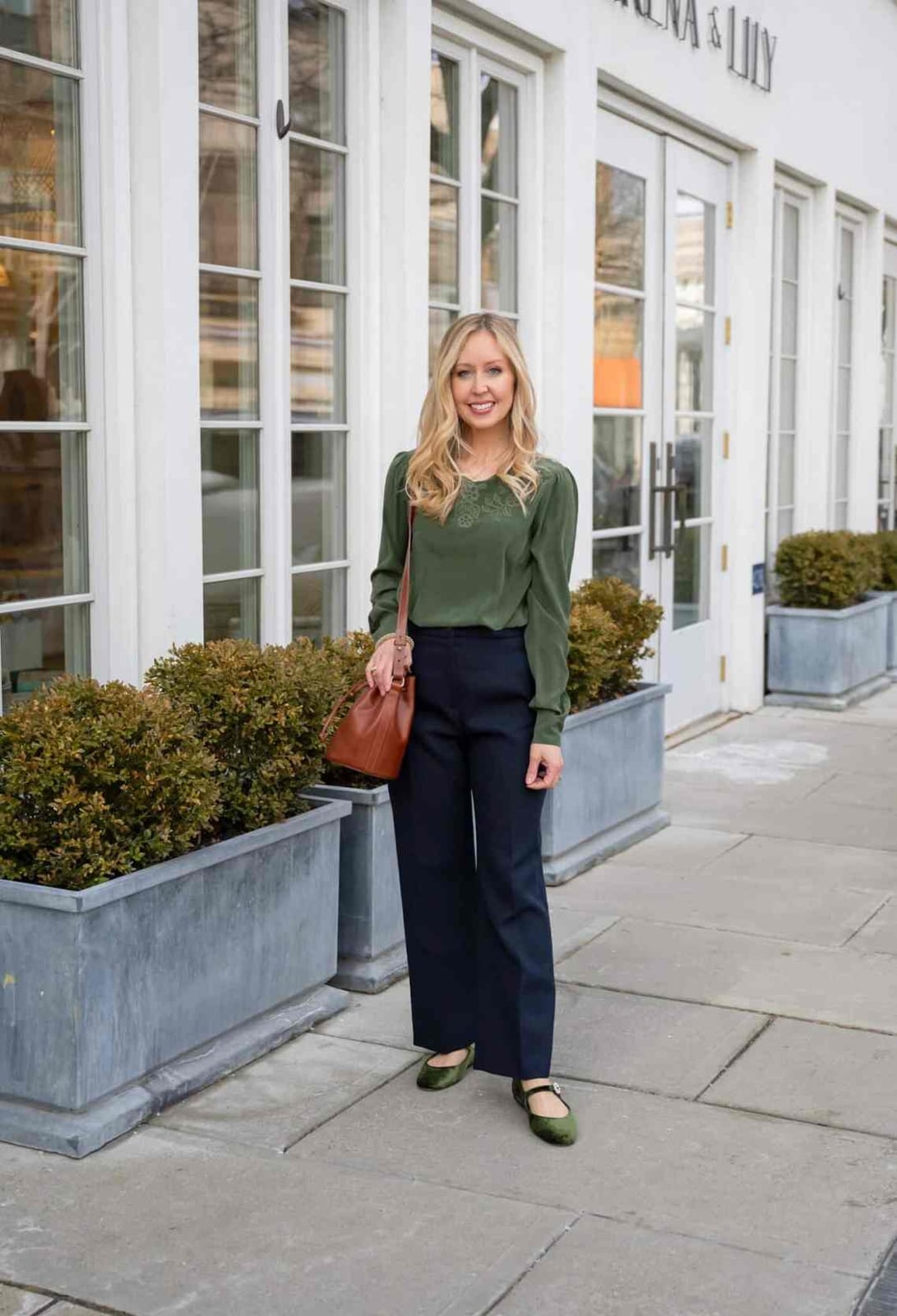 Navy Straight Leg Pants With Green Lace Blouse — Navy Blue Straight Leg Pants Outfits 2027