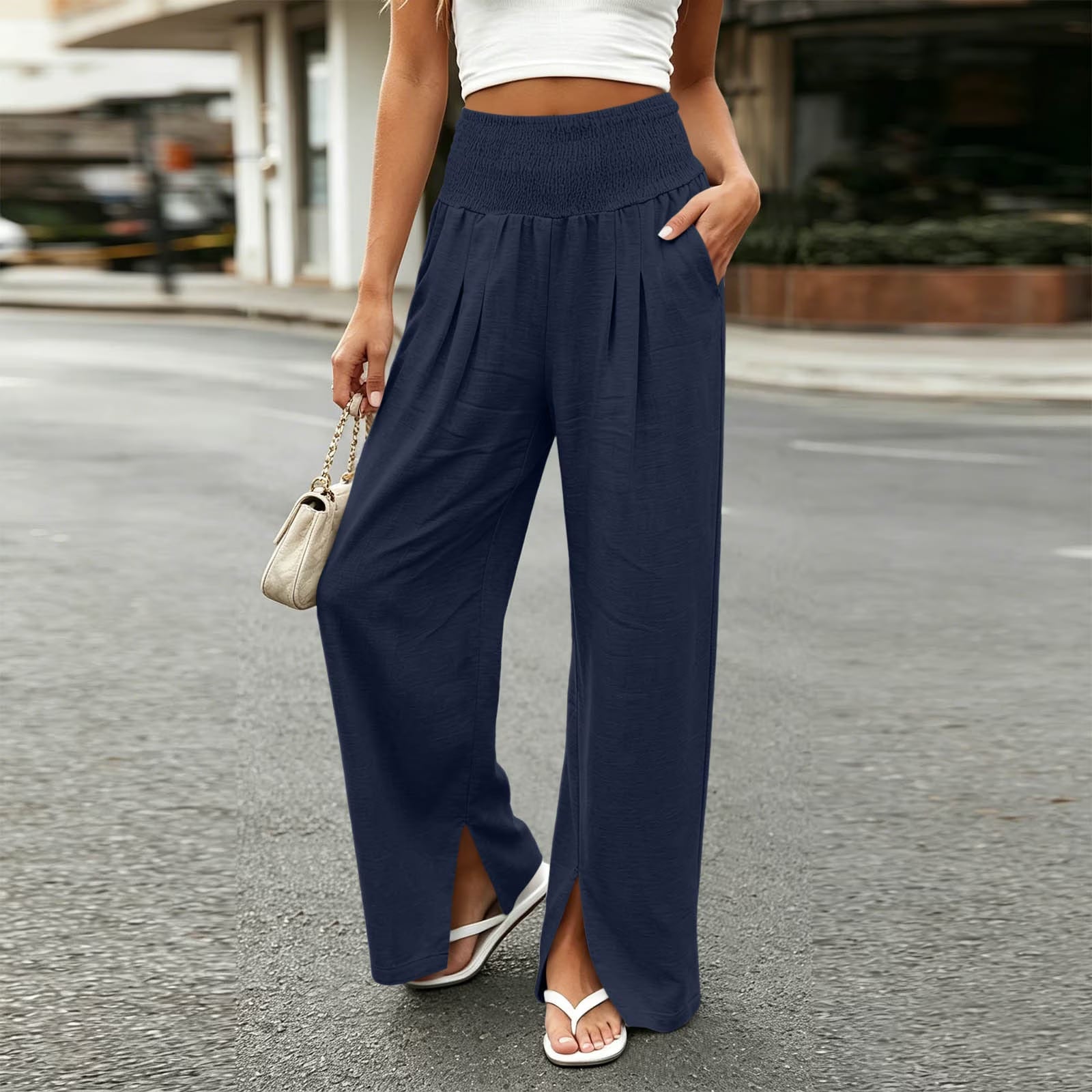 Navy Wide Leg Trousers With Split Hem — Navy Blue Straight Leg Pants Outfits 2027