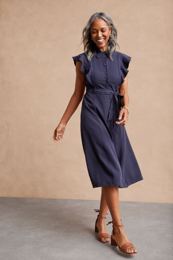 Navy collared midi dress with ruffled sleeves Navy collared midi dress with ruffled sleeves — Navy Blue Yacht Dress 2027