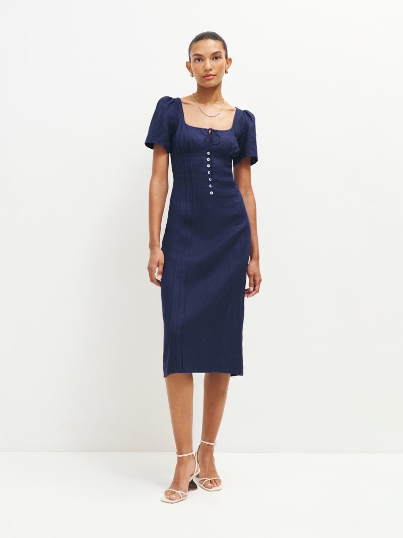 Navy short-sleeved midi dress with button front Navy short-sleeved midi dress with button front — Navy Blue Yacht Dress 2027