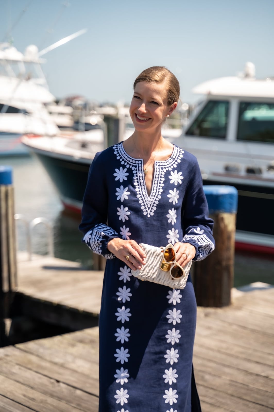 Embroidered navy maxi dress for resort wear, Close-Up Take Navy Blue Yacht Dress 2027