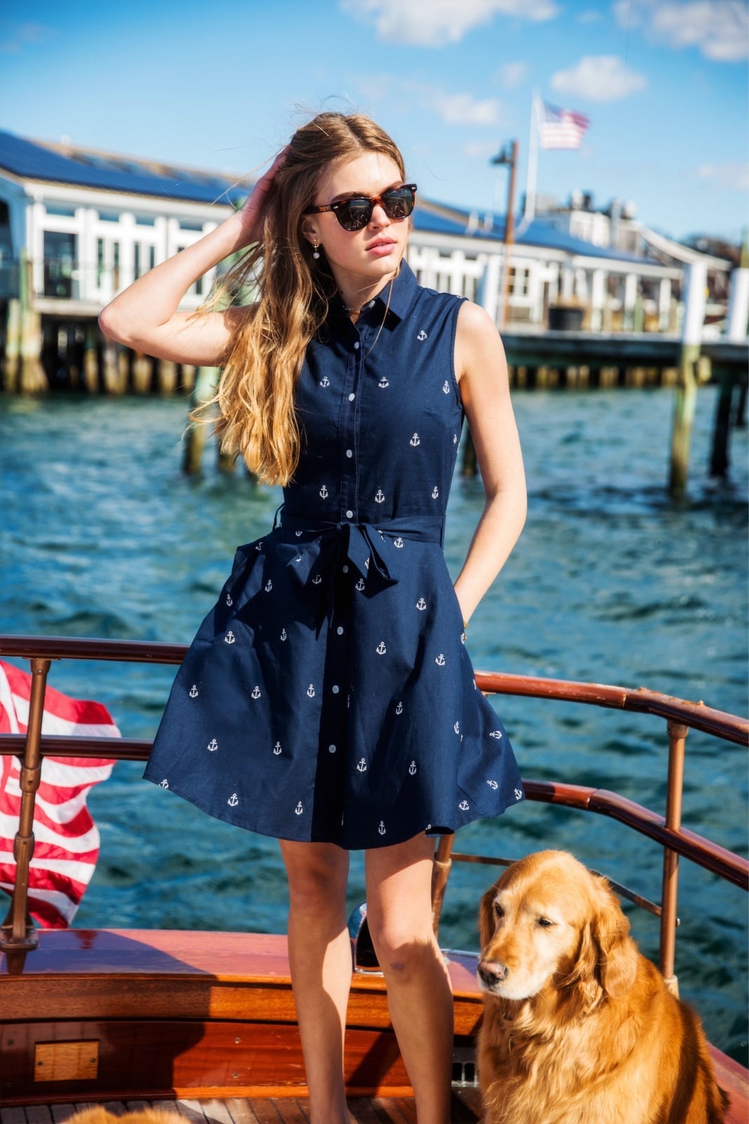 Navy anchor print shirt dress for casual boat days, Close-Up Take Navy anchor print shirt dress for casual boat days, Close-Up Take — Navy Blue Yacht Dress 2027