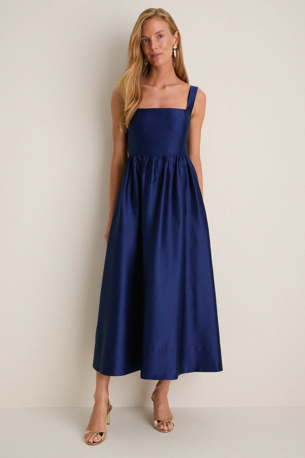 Royal blue square neck dress for cocktail parties, Gold Heeled Sandals Royal blue square neck dress for cocktail parties, Gold Heeled Sandals — Navy Blue Yacht Dress 2027