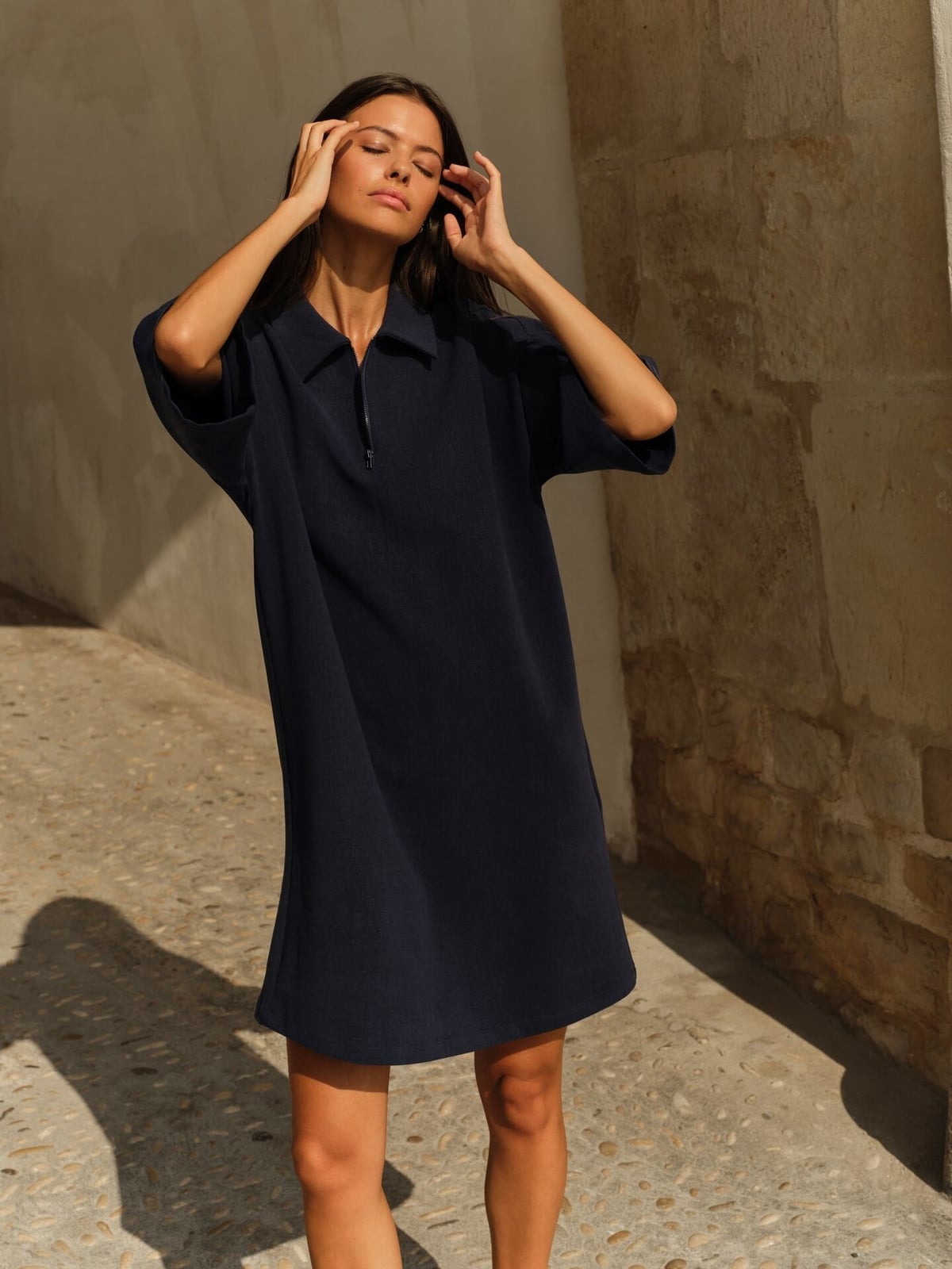 Navy textured knit polo collar mini dress Navy textured knit polo collar mini dress — Navy Blue Yacht Dress 2027