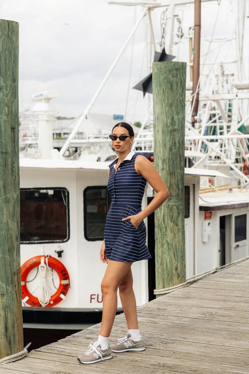 Smith and Quinn Hedy Dress in Anchor Stripe, Gray And White Sneakers Smith and Quinn Hedy Dress in Anchor Stripe, Gray And White Sneakers — Navy Blue Yacht Dress 2027