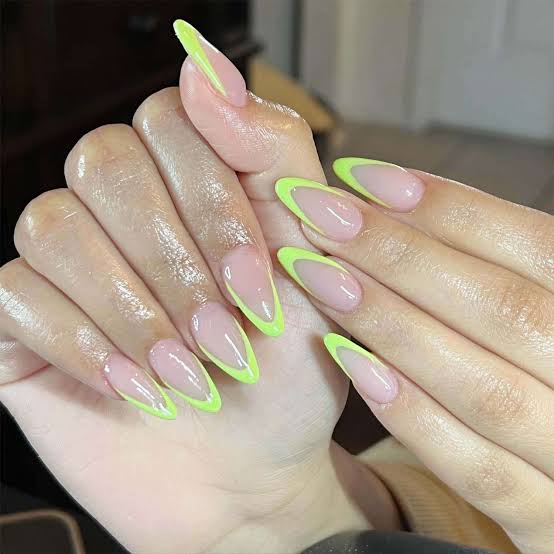 Neon Green Outline French Medium Almond Nails, Close-Up Take Neon Green Outline French Medium Almond Nails, Close-Up Take — Neon Almond Nails 2027