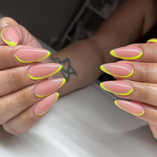 Sheer Pink Neon Yellow Outline Medium Almond Nails Sheer Pink Neon Yellow Outline Medium Almond Nails — Neon Almond Nails 2027