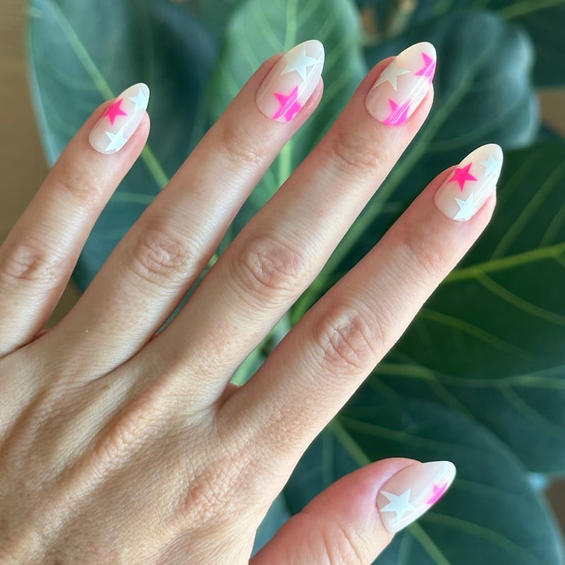 Sheer Nude Neon Pink Star Medium Almond Nails Sheer Nude Neon Pink Star Medium Almond Nails — Neon Almond Nails 2027