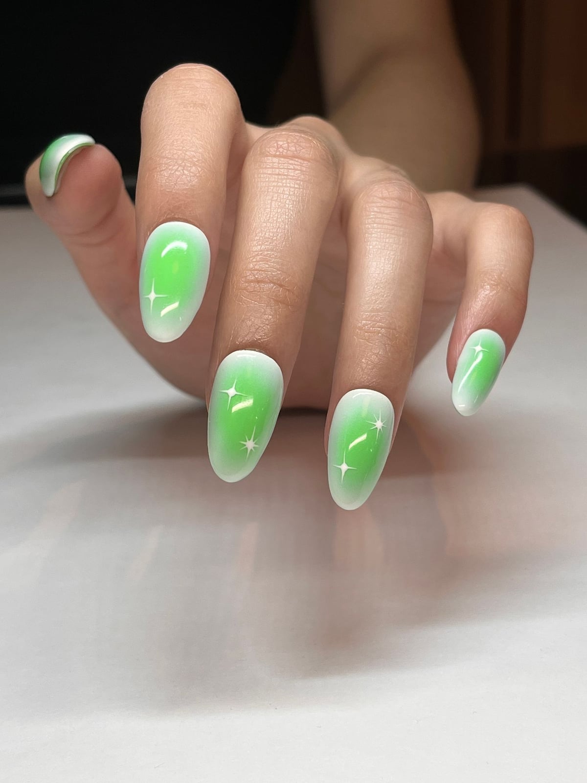 Neon Green White Gradient Star Medium Almond Nails Neon Green White Gradient Star Medium Almond Nails — Neon Almond Nails 2027
