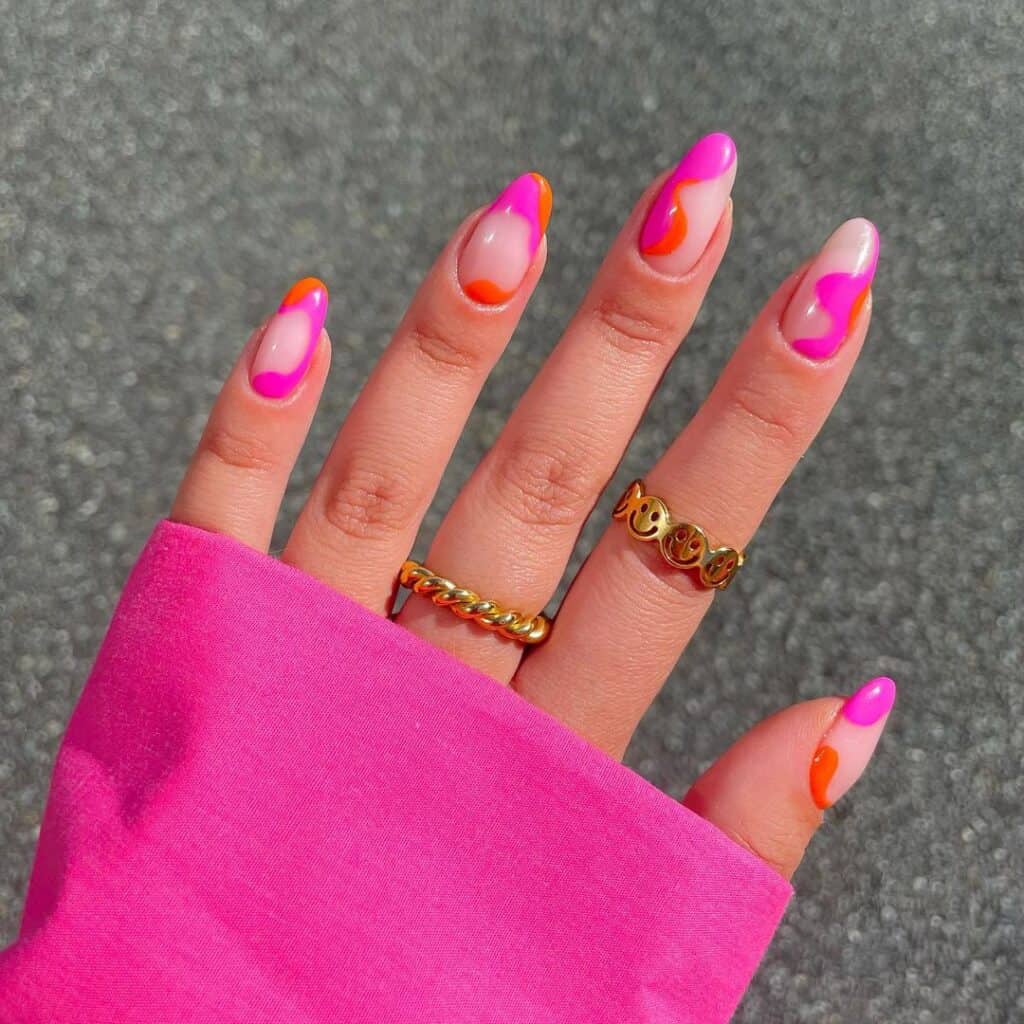 Abstract Neon Pink Orange Medium Almond Nails Abstract Neon Pink Orange Medium Almond Nails — Neon Almond Nails 2027