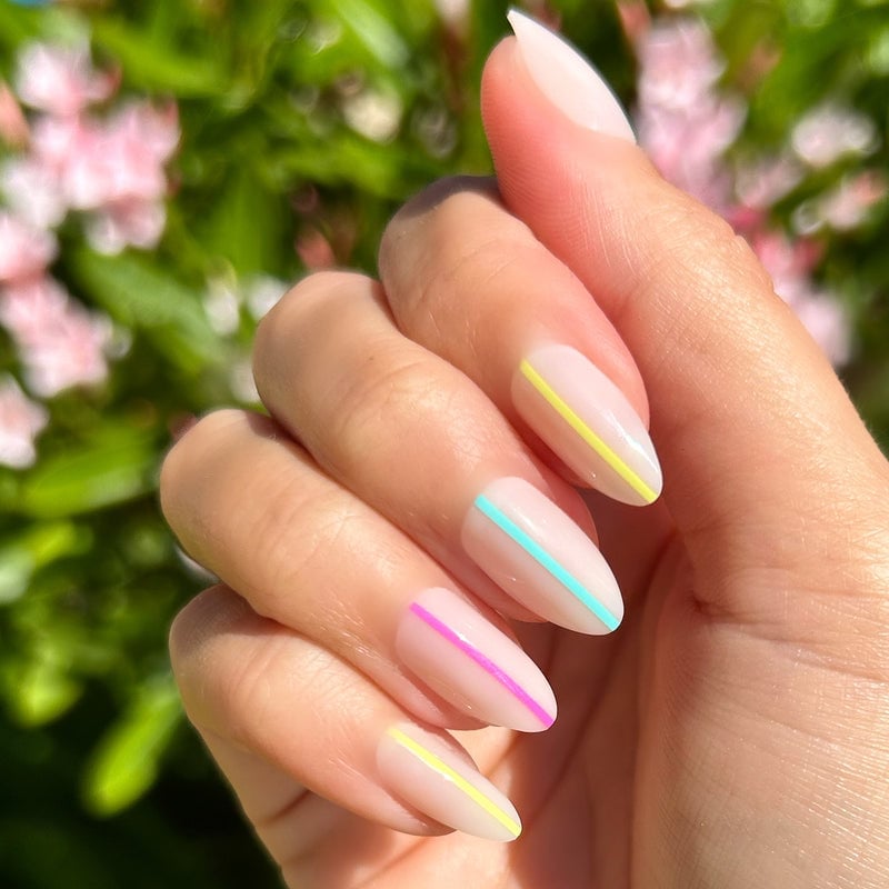 Minimalist Neon Lines Medium Almond Nails Minimalist Neon Lines Medium Almond Nails — Neon Almond Nails 2027