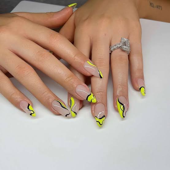 Neon Yellow Black Swirl Medium Almond Nails Neon Yellow Black Swirl Medium Almond Nails — Neon Almond Nails 2027