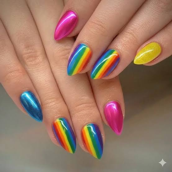 Neon Rainbow Stripes Medium Almond Nails, Close-Up Take Neon Rainbow Stripes Medium Almond Nails, Close-Up Take — Neon Almond Nails 2027