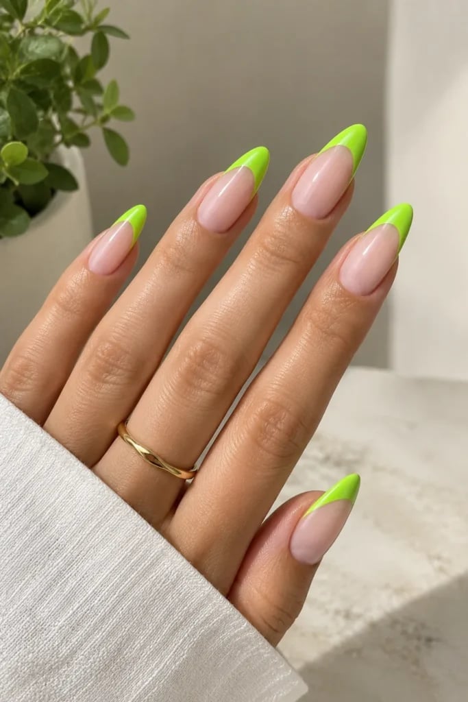 Neon Green French Medium Almond Nails Neon Green French Medium Almond Nails — Neon Almond Nails 2027