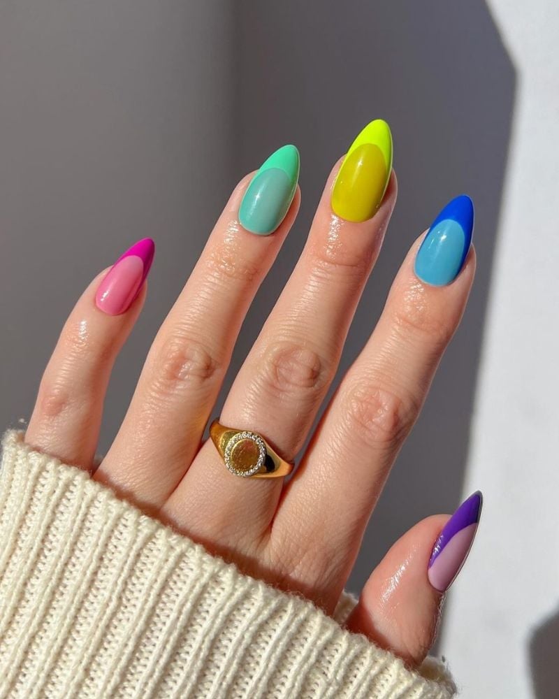 Color Block Neon French Medium Almond Nails Color Block Neon French Medium Almond Nails — Neon Almond Nails 2027