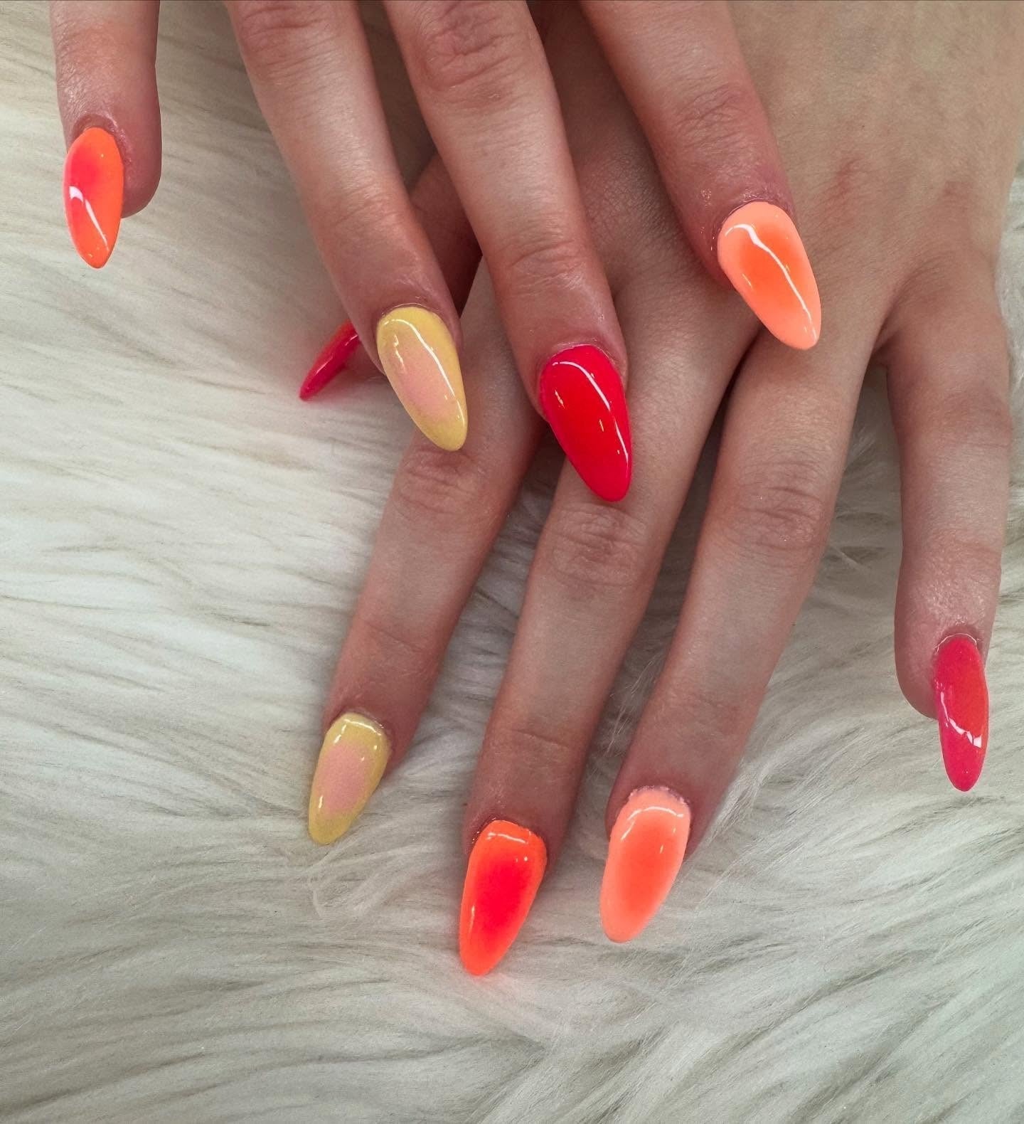 Vibrant Neon Gradient Medium Almond Nails Vibrant Neon Gradient Medium Almond Nails — Neon Almond Nails 2027