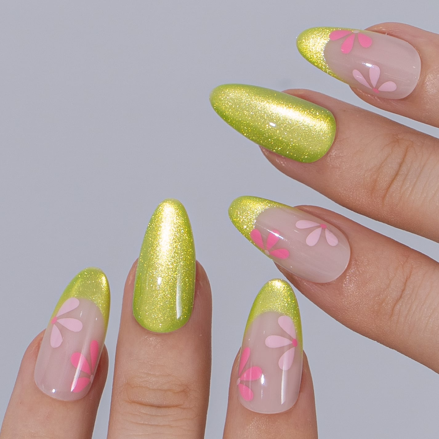 Shimmering Neon Green Tip Medium Almond Nails Shimmering Neon Green Tip Medium Almond Nails — Neon Almond Nails 2027